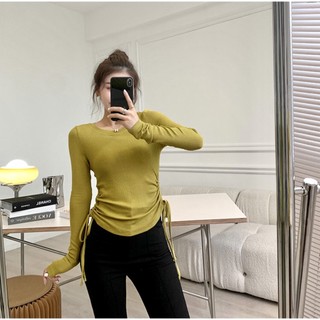 Áo thun gân borip tay dài rút dây eo cá tính, form body gọn dáng, size 40-63kg
