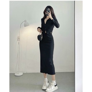 Set croptop đen cổ vest chân váy midi