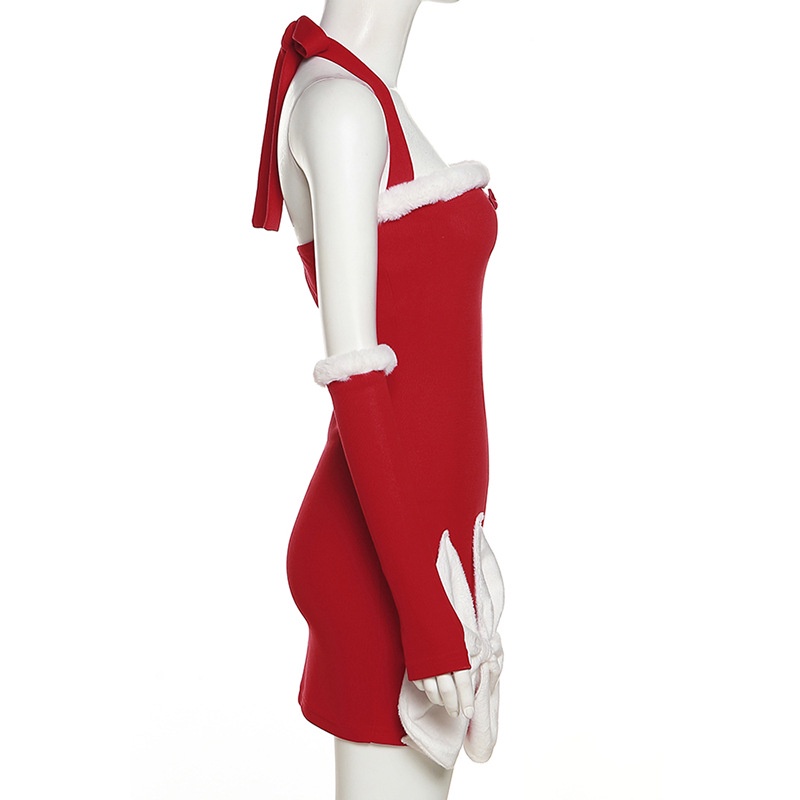 Đầm giáng sinh KLIOU đính nơ màu trắng cảm giác giống thật cho nữ