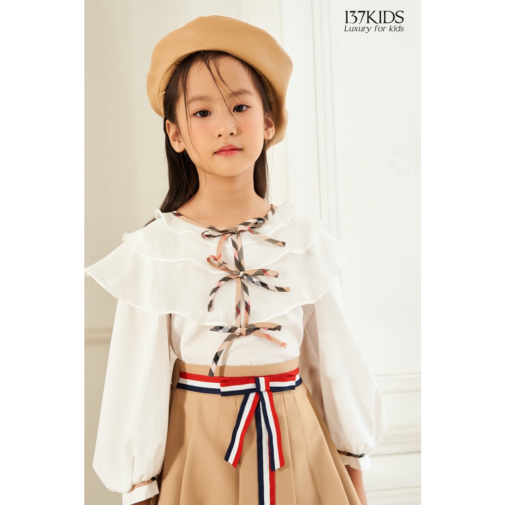 Áo sơ mi trắng dài tay bé gái 137Kids thiết kế nơ bèo xinh xắn
