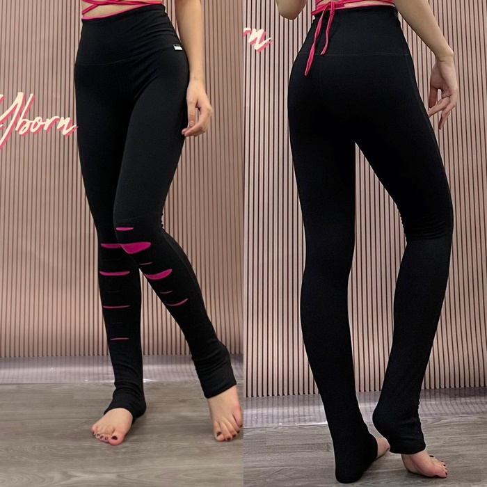 Quần tập yoga rách gối Yborn màu đen phối hồng có đạp gót