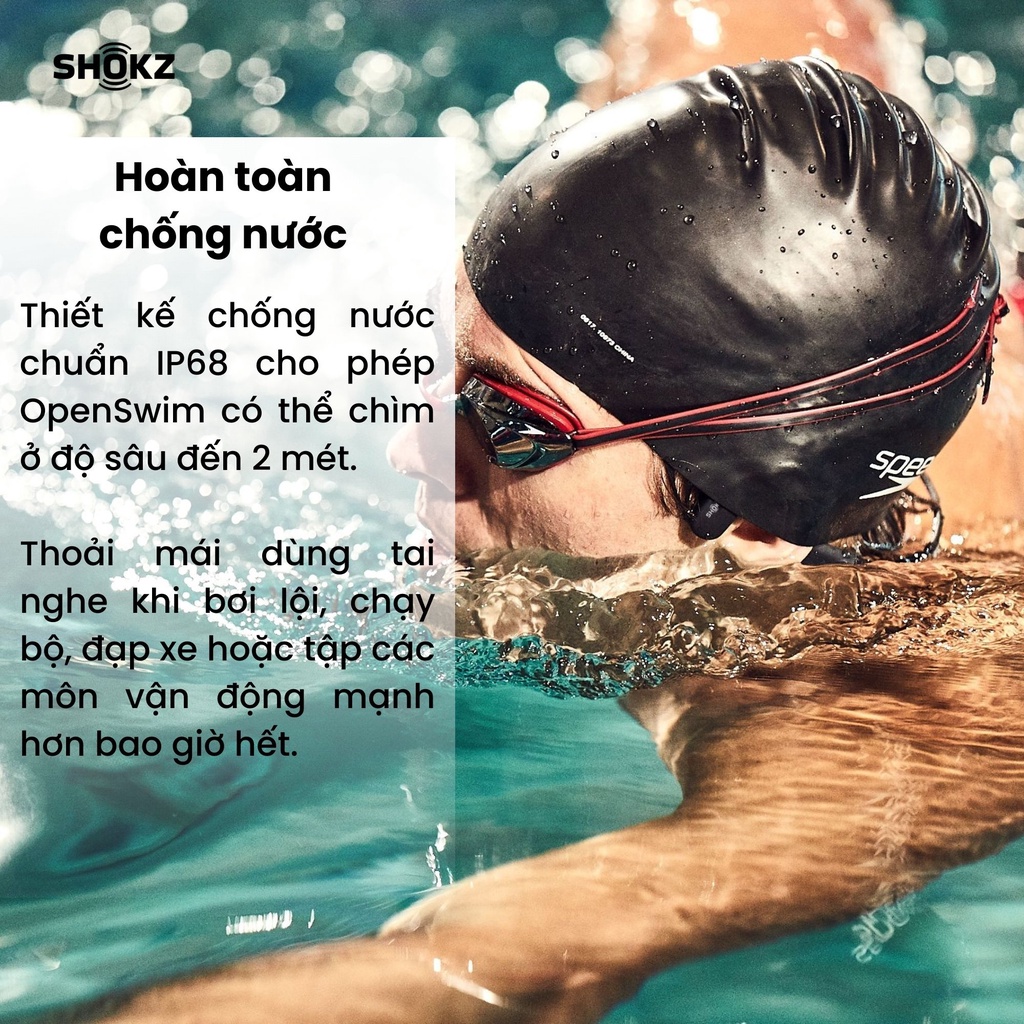 Tai Nghe Thể Thao Bơi Lội SHOKZ OPENSWIM Màu Xanh- MP3 - Truyền âm thanh qua xương Chống nước IP68 - Bảo hành 2 năm
