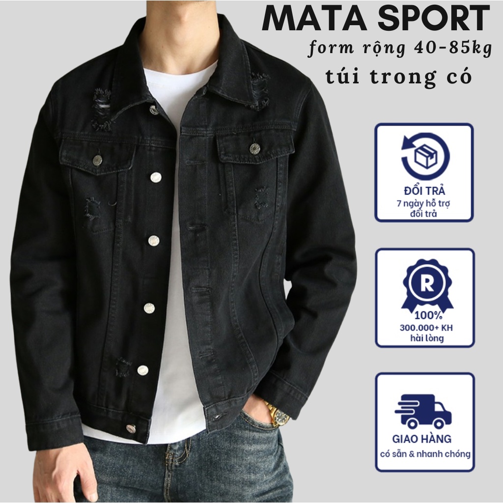 Áo khoác jean nam đen rách form rộng | áo khoác nam xanh trơn | áo denim đen trơn 40-85kg Mata