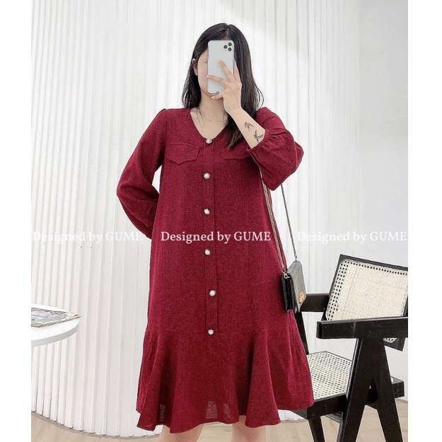 Váy bầu bigsize -Đầm bầu thiết kế GuMe mặc Tết màu đỏ DẠ TĂM CAO CẤP màu đỏ dáng đuôi cá dài tay 40-120KG- MB270