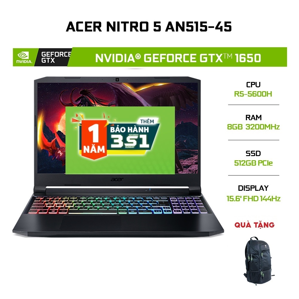 Laptop Acer Nitro 5 AN515-45-R3SM GTX1650 R5-5600H 8GB 512GB 15.6'144Hz