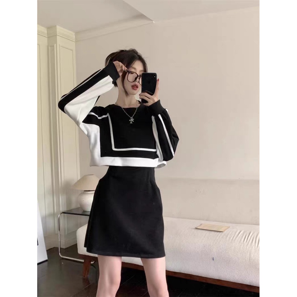 SET ĐỒ ĐÔI TÌNH NHÂN, COUPLE VÁY ĐẦM NỮ VÀ ÁO NỈ NAM DÀI TAY PHỐI MÀU ĐEN TRẮNG CÁ TÍNH MẪU MỚI 2022