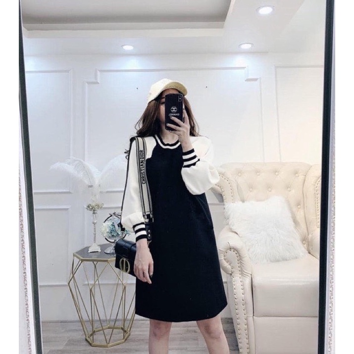 Đầm thu đông dài tay dáng suông chất umi phối tay bo chun dáng dài 97cm mặc qua gối