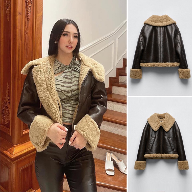 ÁO KHOÁC BIKER DA NỮ LÓT LÔNG CỪU CỔ BẺ MÀU NÂU - 2969/257