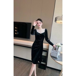 Đầm nhung body cổ phối hạt cao cấp. Nhập QC