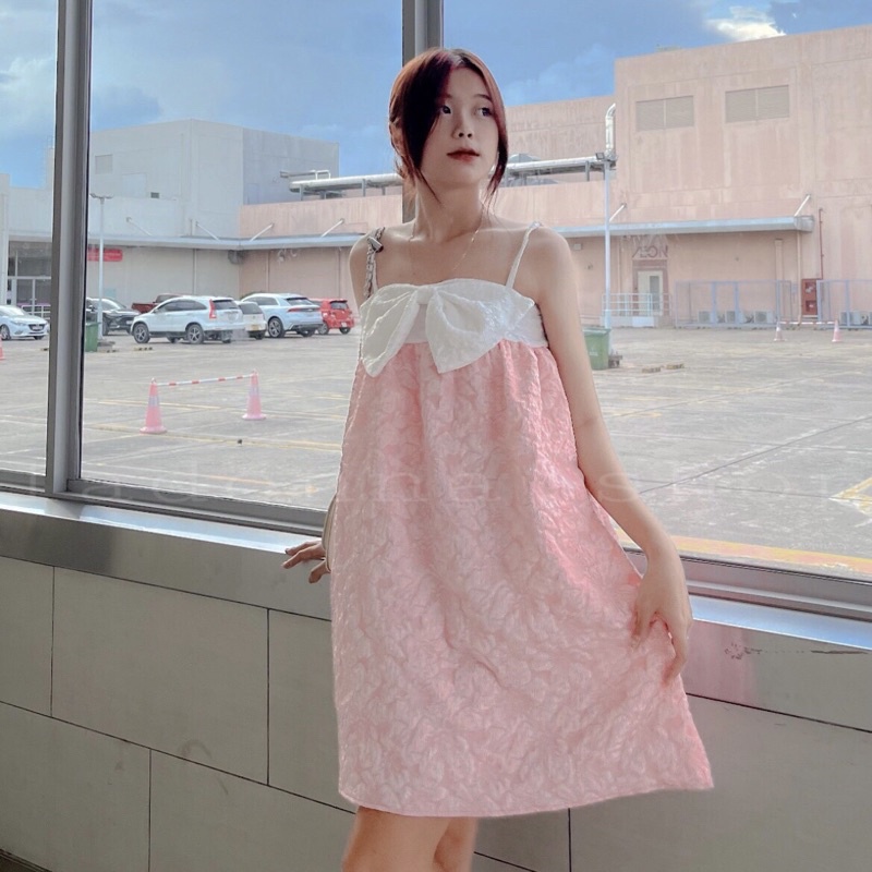 Đầm 2 dây baby doll vải gấm phối nơ