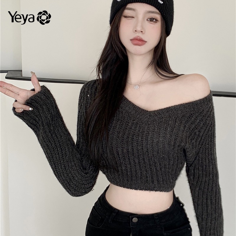 Áo sweater YEYA dệt kim dáng ngắn thời trang thu đông mới 2022 cho nữ