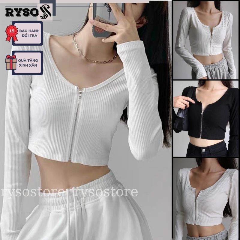 Áo Croptop Tay Dài Nữ Dây Kéo Khoá Ngực Thun Gân Tốt Ulzzang, Áo thun nữ dài tay chất vải tốt mặc đẹp basic dày dặn cao