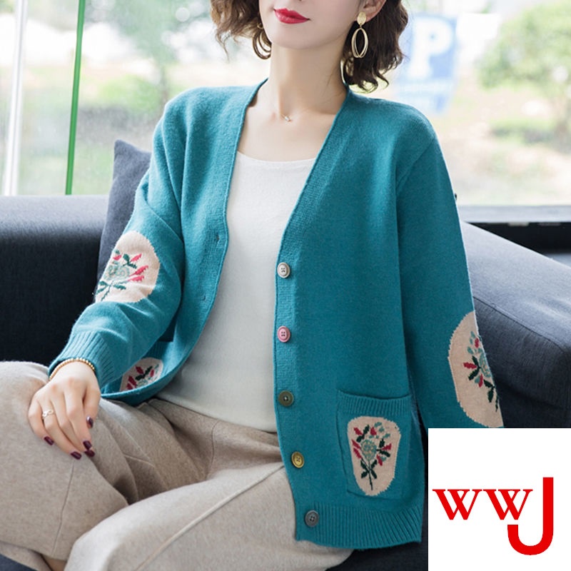 Áo Khoác Cardigan Dệt Kim Tay Dài Dáng Rộng Cổ Chữ V Thời Trang Thu Đông Cho Nữ Có Size Lớn