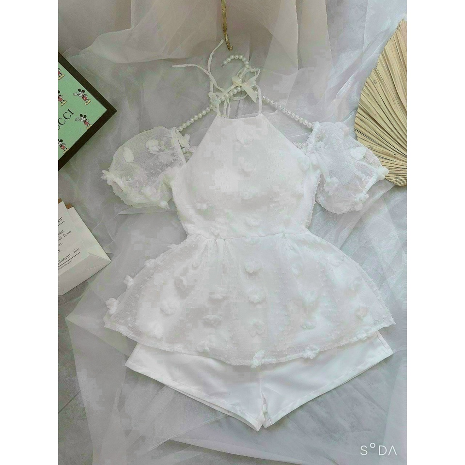 (FreeShip 2022) bộ nữ khoét vai cột yếm,bộ hoa nổi ôm eo dưới xòe kèm quần for siêu xinh,tone màu dễ thương