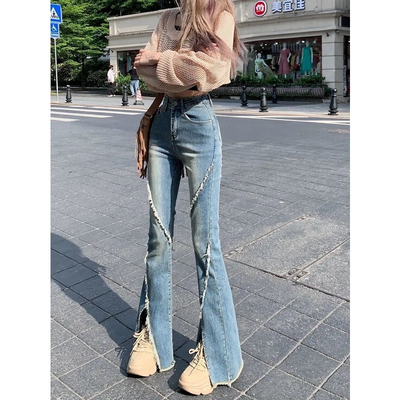 Quần Jean Dài Lưng Cao Ống Loe Ôm Dáng Phong Cách Retro Thời Trang Cho Nữ