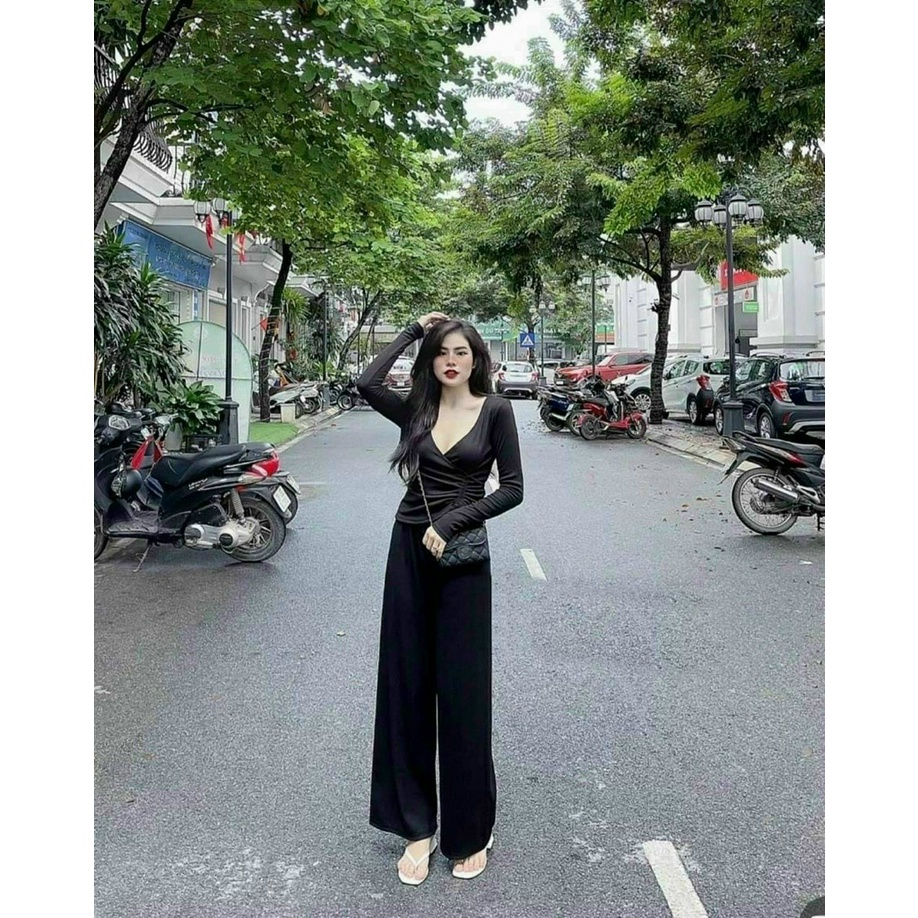 (Miễn Phí Ship 2022) Sét bộ nữ ống rộng,áo tay dài cổ tim rút dây eo chất thun gân mềm,hàng chuẩn shop,diện lên xinh ĩu