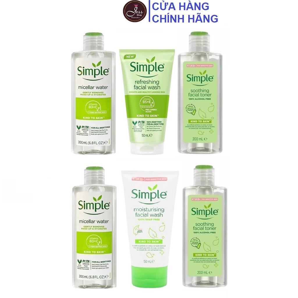 Combo 3 Sản Phẩm Dưỡng Da Simple (Sữa rửa mặt + Tẩy trang + Toner)