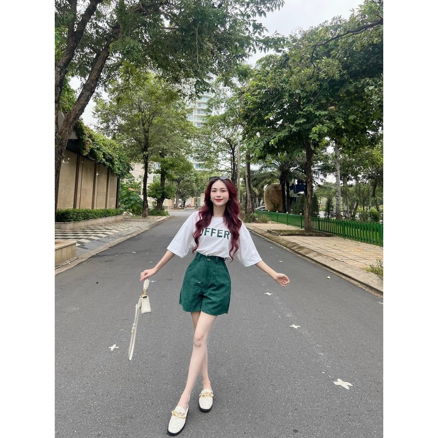 [11.11 Sale Freeship] Set bộ đùi nữ,áo trắng tay ngắn in chữ sang chảnh thời trang mùa hè mix quần short có túi xinh xắn