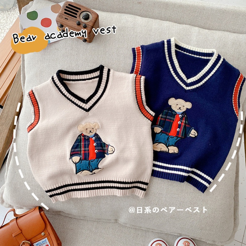 Áo Sweater Dệt Kim Sát Nách In Hình Gấu Hoạt Hình Thời Trang Thu Đông Cho Bé