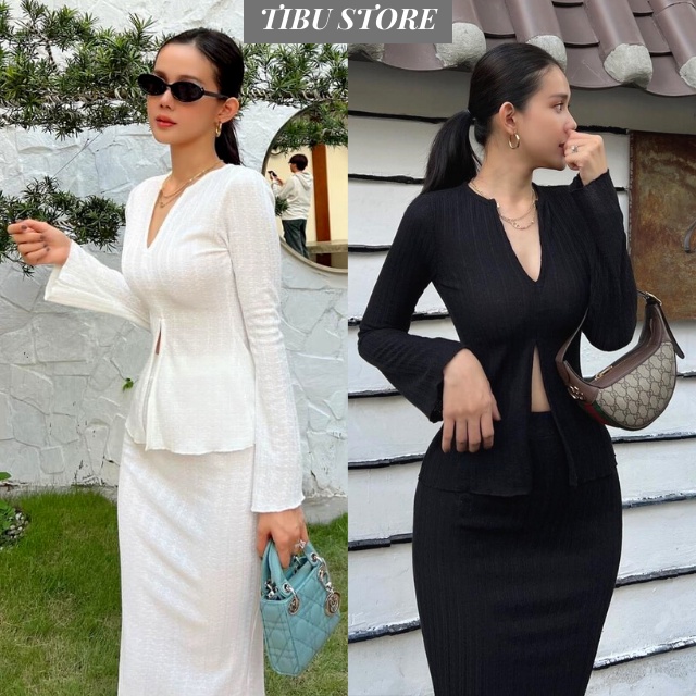 Set bộ nữ áo dài tay thun gân cổ chữ V TIBU Đầm body dáng ôm kèm áo siêu xinh sexy dành cho các nàng đi chơi, dạo phố