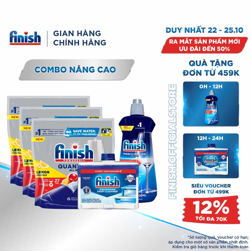 Combo Finish Nâng Cao: 3xTúi 27 Viên Nước Rửa Bát + Nước Làm Bóng 500ml + Dung Dịch Tẩy Rửa Máy Rửa Chén Bát 250ml
