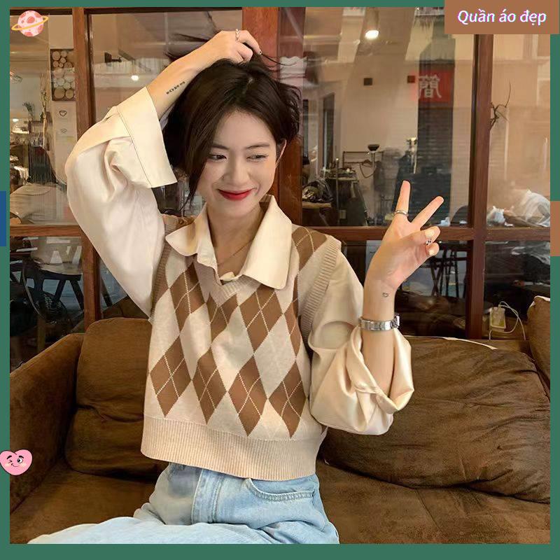 áo ghi lê nữ Áo Sweater Dệt Kim Sát Nách Đính Đá Giả Kiểu Retro Nhật Bản Thời Trang Mùa Thu Cho Nữ