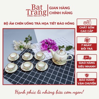 Bộ ấm chén uống trà men kem bát tràng họa tiết đào hồng - hàng có bảo hành