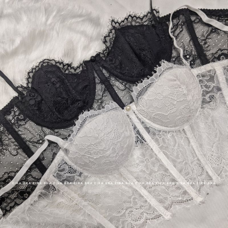 [C009] Áo corset thời trang ren mi, có gọng, mút nhét, màu đen và trắng- EIRA.BRA