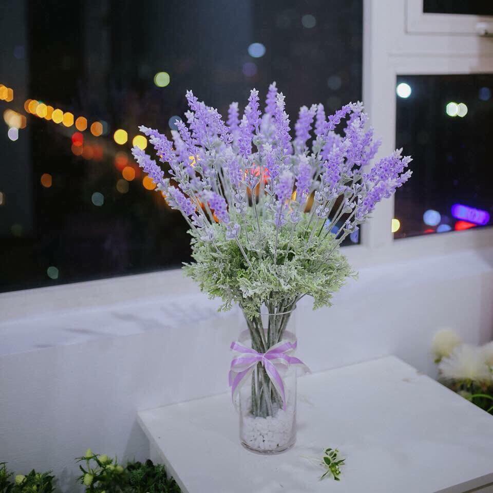 Hoa Lavender_Cành hoa giả Lavender 3 nhánh cao 50cm thân phủ phấn trắng giống thật loại 1, phù hợp trang trí nhà cửa