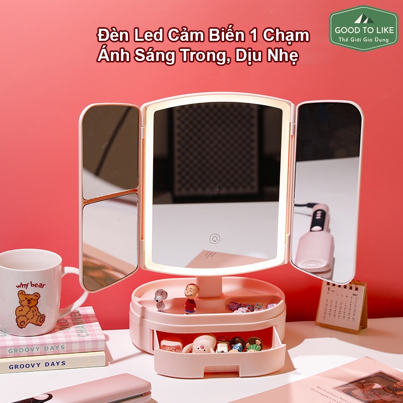 Gương Trang Điểm Để Bàn Tích Hợp Cảm Biến Đèn Led,Gương Để Bàn Xoay 270 Độ Gập Mở 2 Cánh Tặng Kèm Sạc