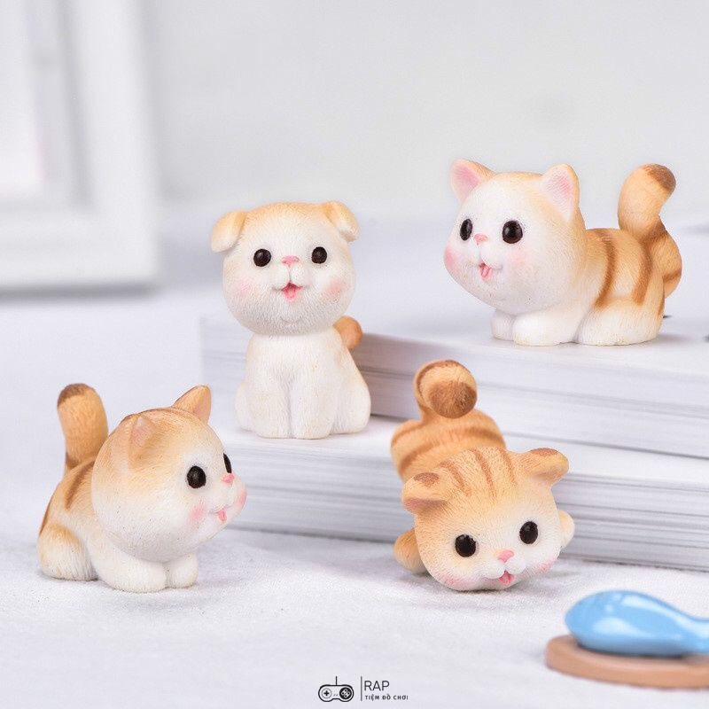 Mô hình mèo vàng xám mini mập mạp dễ thương, tượng mèo tiểu cảnh Ohstyle trang trí bàn học bàn làm việc, quà tặng