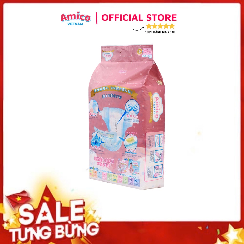 Bỉm - Tã dán Amico size M 64 + 4 miếng (Cho bé 6 - 11kg)