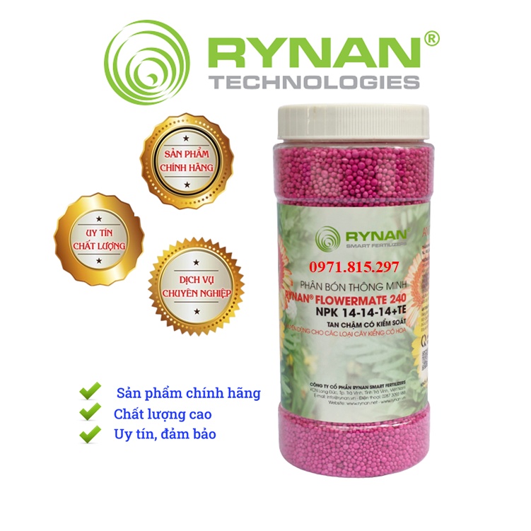 Phân tan chậm thông minh Rynan Flowermate 240 NPK 14-14-14 TE hũ 1,25 kg chuyên dùng cho các loại cây cảnh có hoa