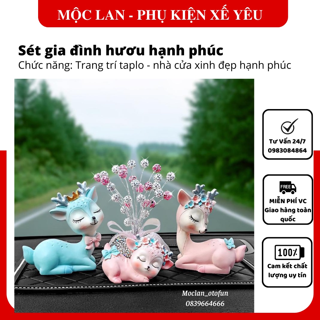 Set hươu Trang trí taplo - hươu bố mẹ và hươu con sang trọng đáng yêu, sinh động cho xế yêu