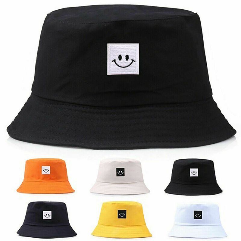 Smiley Face Patch Solid Color Folding Fisherman Hat Outdoor Men Women Bucket Cap