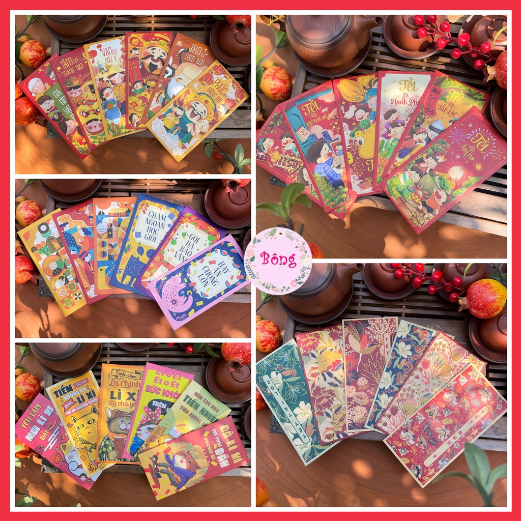 Sét 12 Bao Lì Xì TẾT THIẾT KẾ đặc sắc - Hình xuân sum vầy - Giấy C150 cán mờ in sắc nét