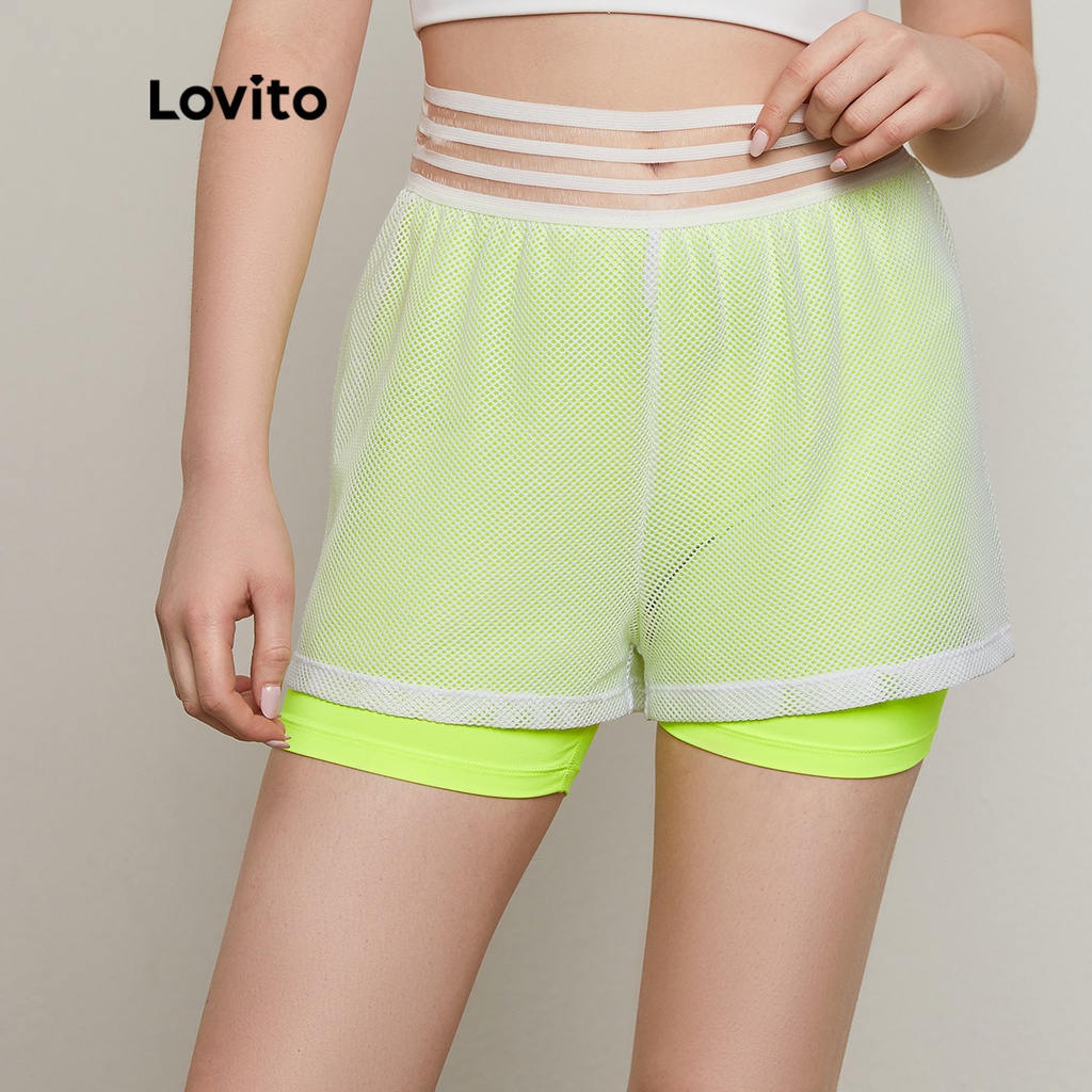 (Hàng có sẵn) Lovito Quần Short Thể Thao Lưng Thun Phối Lưới Màu Xanh Lá L20D429