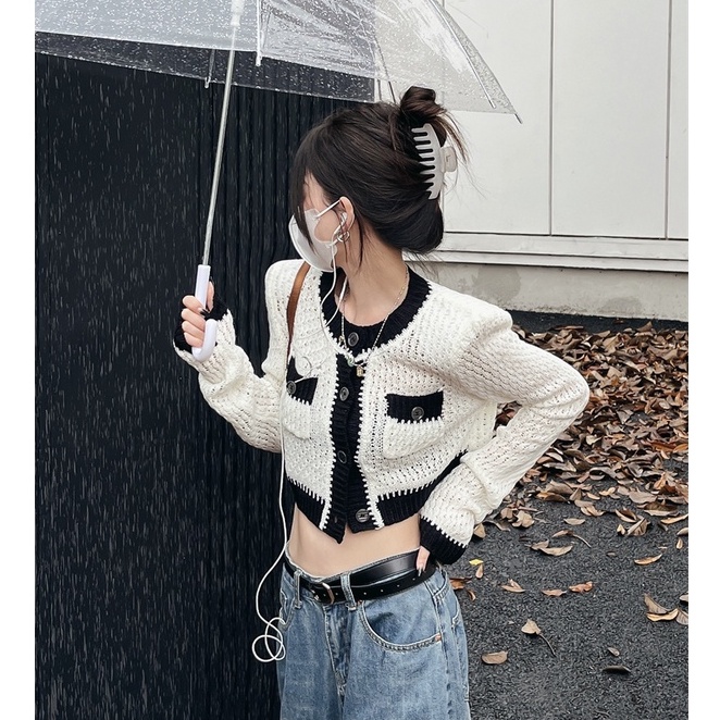 QADCOL Áo Khoác cardigan Dệt Kim Tay Dài Dáng Ngắn Phối Màu Tương Phản Thời Trang Hàn Quốc Cho Nữ