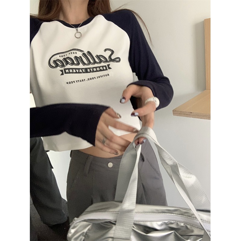 Áo Thun Tay Dài Dáng Ôm In Chữ Phối Màu Tương Phản Thời Trang Mùa Thu Mới Cho Nữ