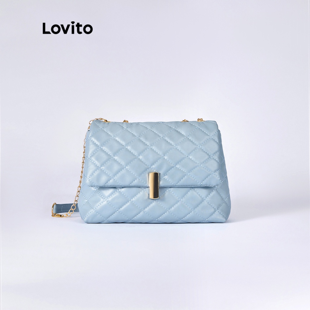 Lovito Elegant Trơn Kim Cương Quilting Kim Loại Dây Đeo Chuỗi Trọng Lượng Nhẹ Túi Vuông L38BA04 (Trắng/Đen/Kaki/Xanh dương)