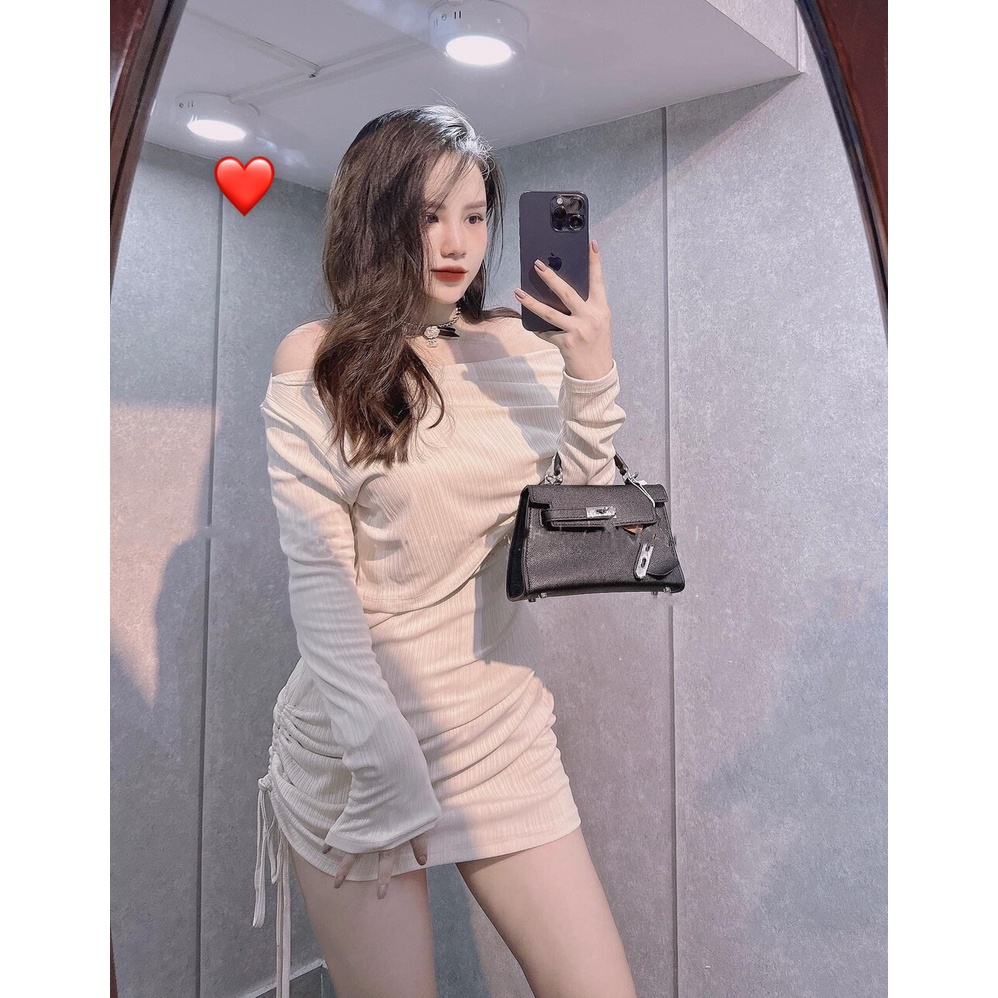 Đầm tay dài trễ vai ôm body dáng ngắn rút dây 1 bên cực hot , chất thun gân mềm mịn