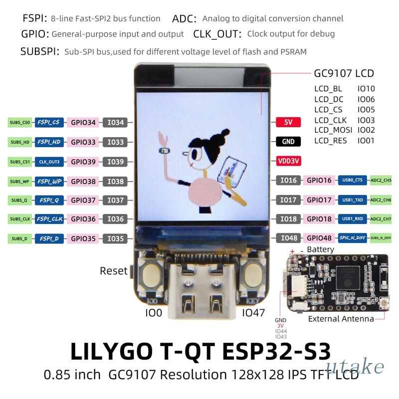 Bảng Mạch Phát Triển Bluetooth WiFi UTAKEE TTGO T-Display ESP32-S3 Cho Ar Duoino 0.85 Inch LCD 8MB