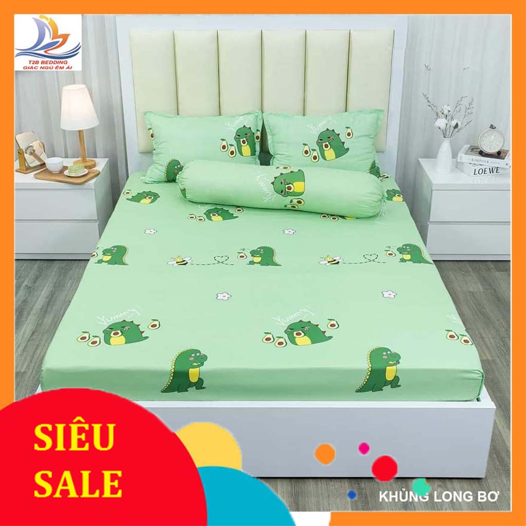 Bộ Ga trải giường , Ga trải giường cotton Poly 1m6 x 2m ( Mẫu Khủng long bơ ), bộ ga gối rẻ đẹp
