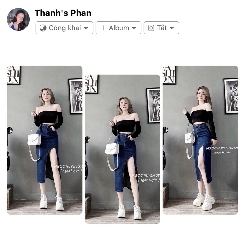 Chân váy jean  dáng dài co giãn tốt, lưng  siêu cao