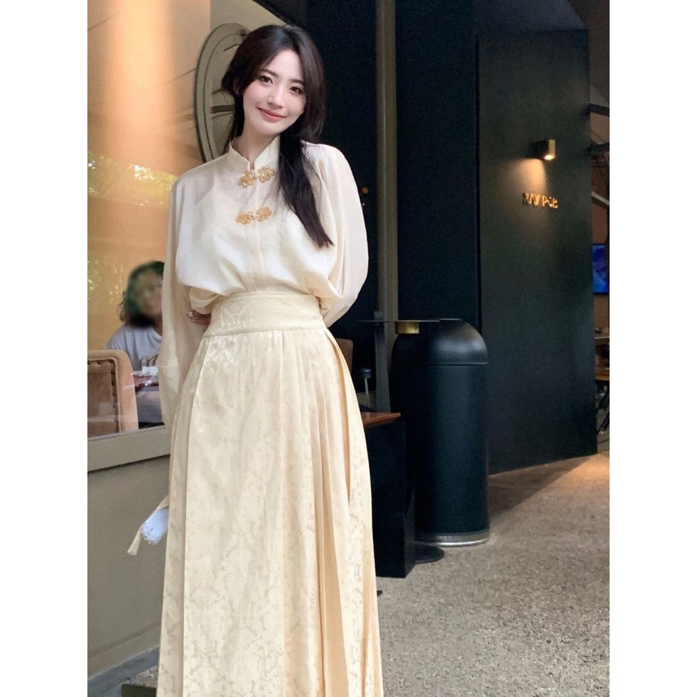 Bộ Áo Sơ Mi + Chân Váy Xếp Ly Lưng Cao Cài Nút Phong Cách Trung Hoa Cổ Điển Thời Trang Mùa Thu Hàng Mới 2022 1