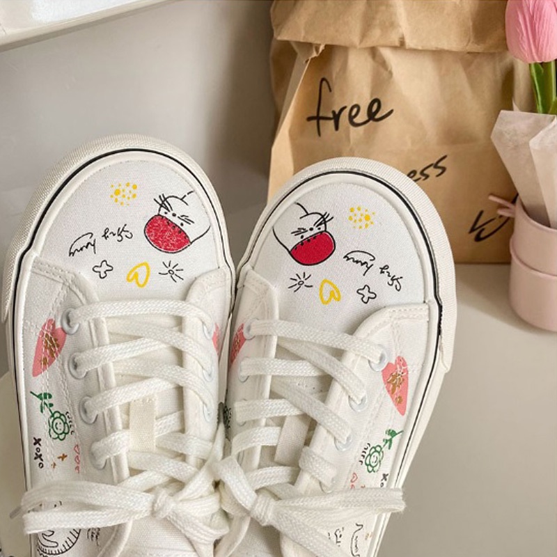 Giày Vải Canvas Màu Trắng Họa Tiết Nhí Vẽ Tay Xu Xiaonuo Dễ Thương  BM018-Molita