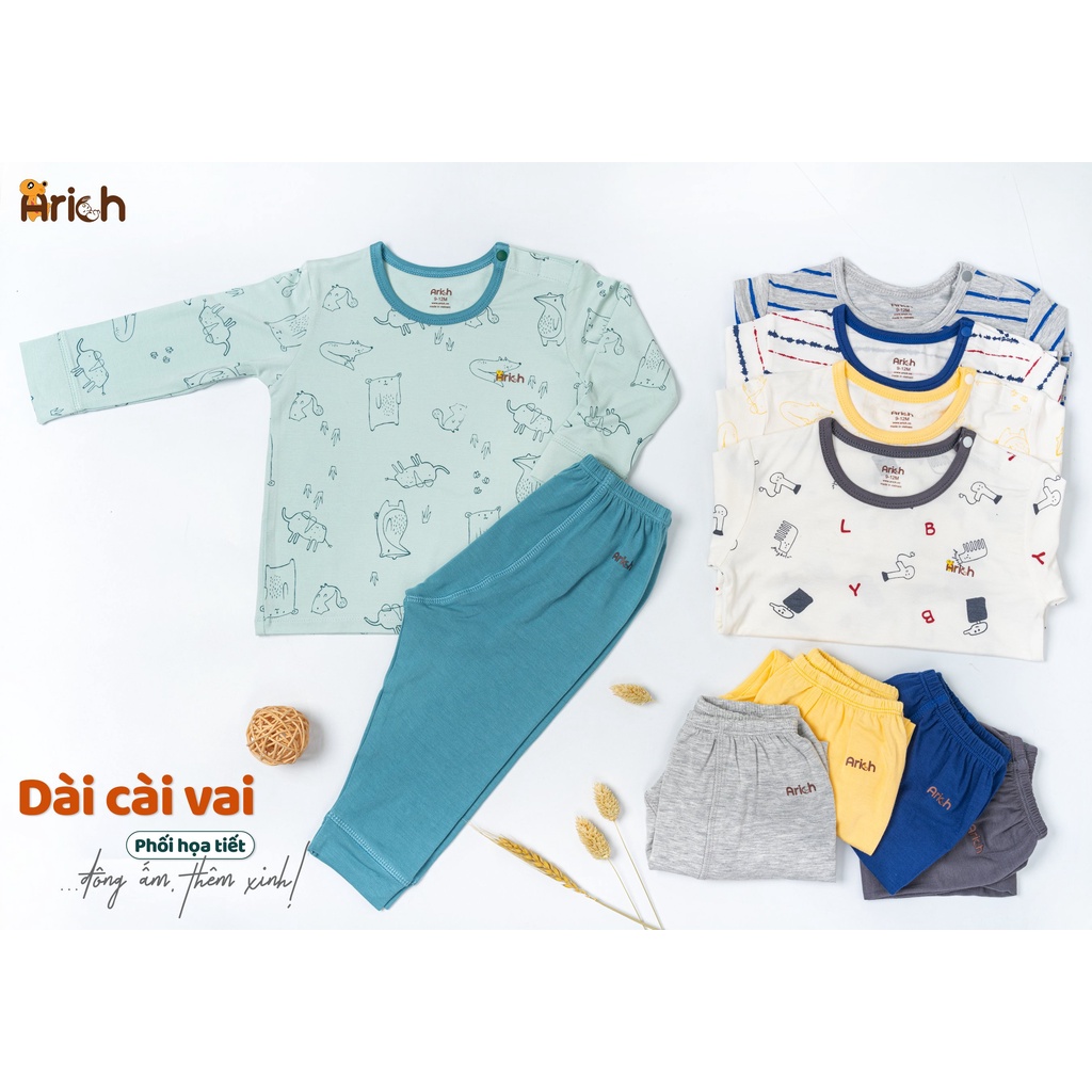 Bộ dài tay cài vai Arich vải sợi tre mềm mịn, quần áo trẻ em thoáng khí, co giãn 4 chiều