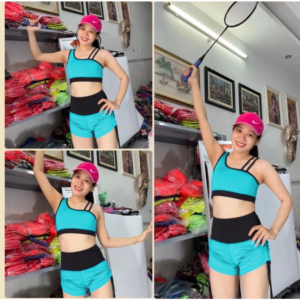 Set bộ đùi thể thao tập gym yoga nữ áo bra kèm mút quần đùi cạp chéo dây rút cao cấp Bin Sport BN033