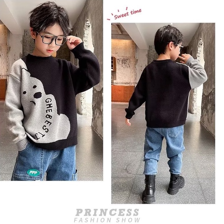 Áo sweater bxpb dệt kim dáng rộng thoải mái thiết kế khóa gấu phong cách - ảnh sản phẩm 8