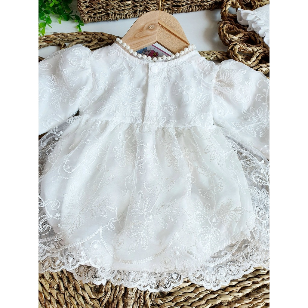 Bodysuit cho bé gái sơ sinh kèm mũ chất liệu ren thêu cao cấp ⚡𝗙𝗥𝗘𝗘𝗦𝗛𝗜𝗣⚡ Set Body váy công chúa cổ viền ngọc sang chảnh